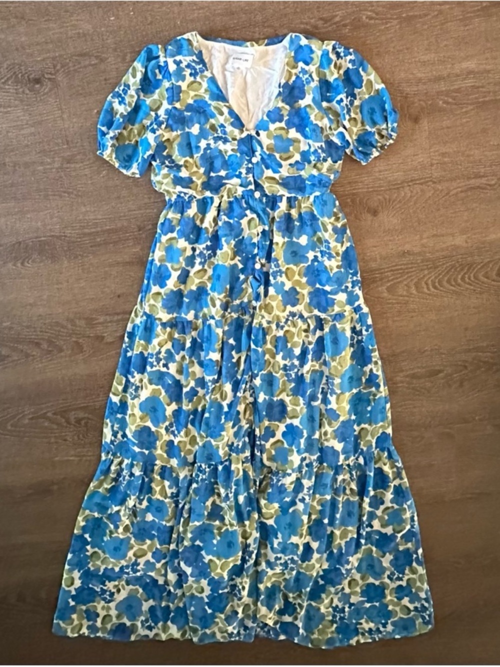 Sugar + Lips Floral Midi Dress Size
XS X-Small Blue Green puff Sleeve - Picture 9 of 9